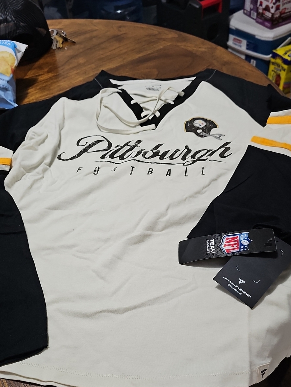 Pittsburgh Fanatics Football Lace-Up Long Sleeve Tee - Black & Cream